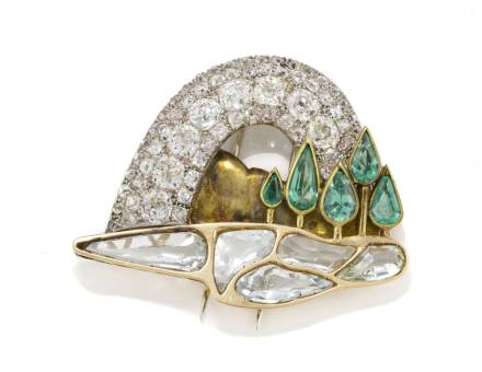 Emerald, aquamarine and diamond landscpae brooch (Sold)